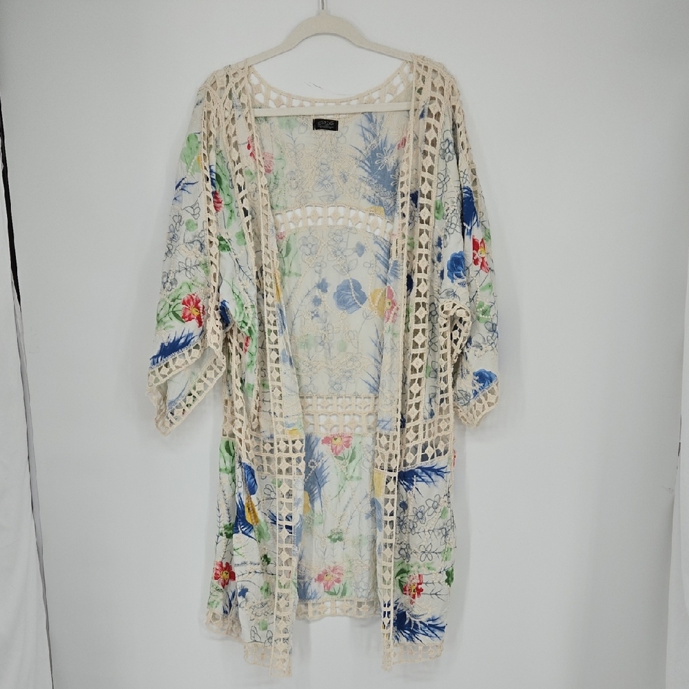 Roffe Floral Embroidered Kimono Cardigan Cream Blue Yellow Size M/L